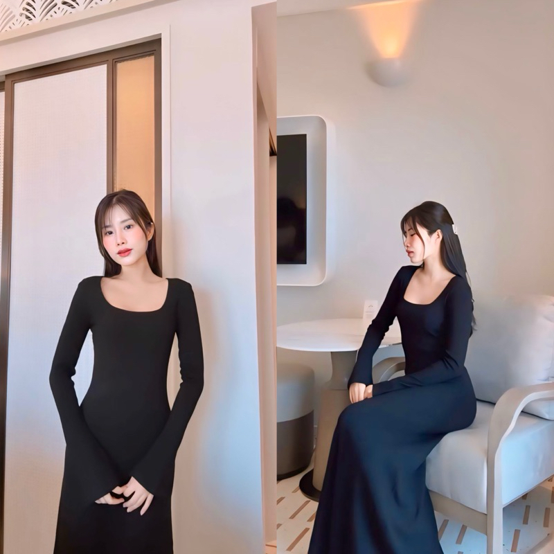 KANYA - BELLE DRESS[7882] เดรสไหมพรม กระโปรงยาว แขนกระดิ่ง (19I) / (15K-15L)