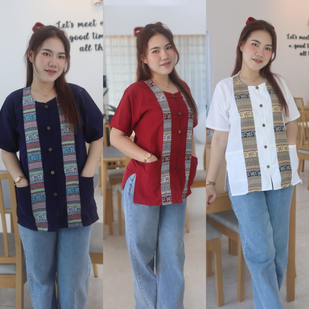 เสื้อผ้าฝ้าย ตกแต่งลายช้าง 40 42 44 46 48 คอกลม ผ้าฝ้าย ลายช้าง มีบริการเก็บปลายทาง