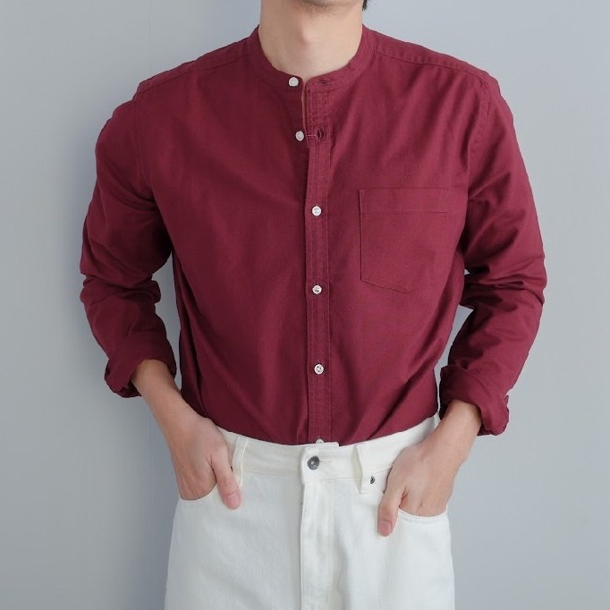 era-won เสื้อเชิ้ต ทรงปกติ Oxford Shirt แขนยาว คอจีน สี Maroon