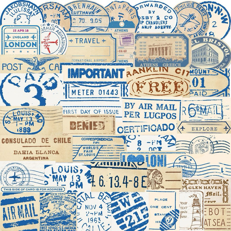 พร้อมส่งจากไทย 50 ชิ้น Vintage Postmark สติกเกอร์เดินทาง Retro Letterhead แสตมป์ซีล Decals DIY กระเป๋าเดินทาง