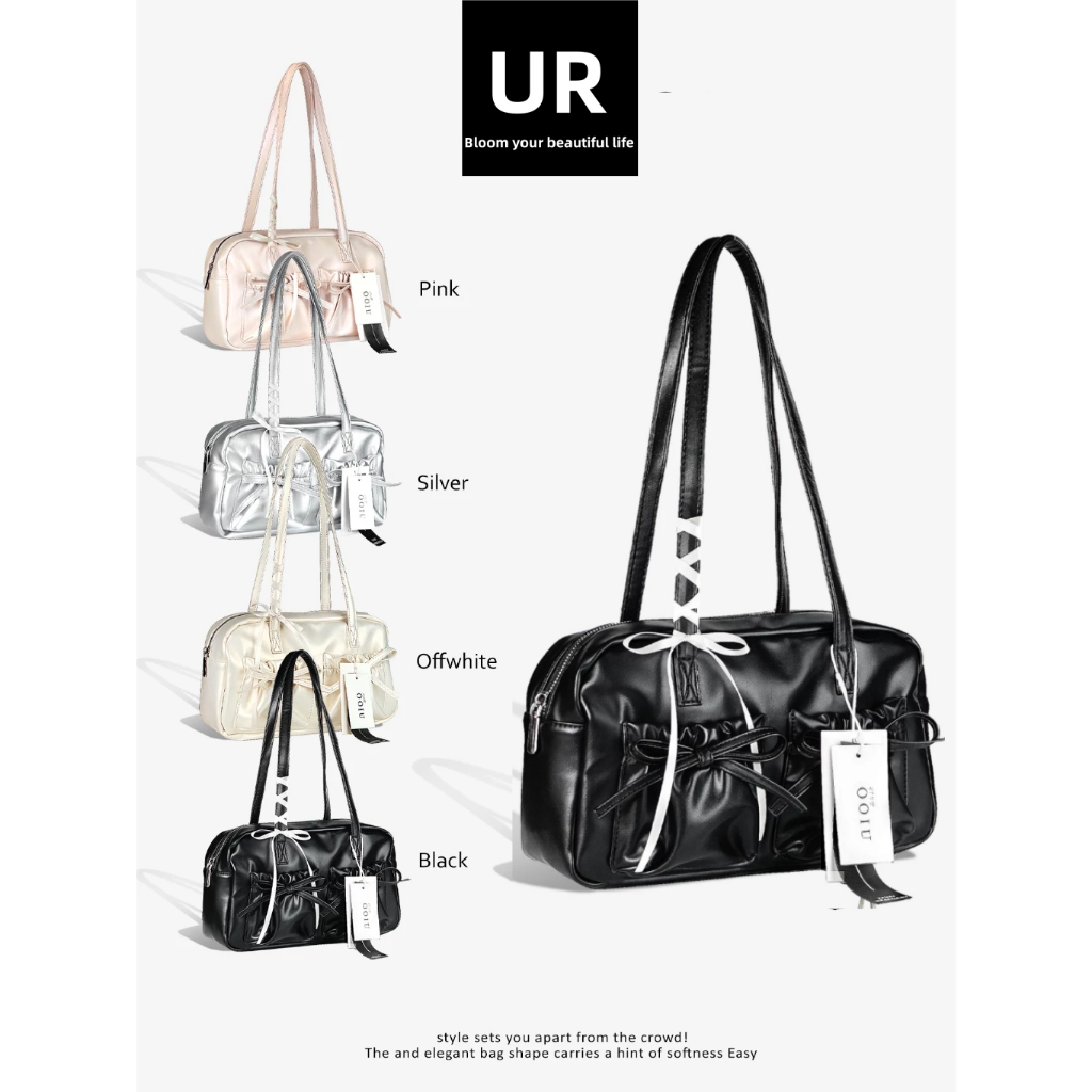UR bag กระเป๋าสีเมอร์เมด สีเคลือบมุก ทรงY2K พร้อมโบว์ ขนาด: 22*6.5*13.5
