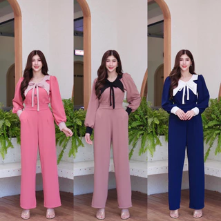 สินค้าพร้อมส่ง ชุดเซตยาวผ้าวูลเวฟทรูโทน เสื้อแขนยาวคอปกผูกโบว์หน้าแต่งกระดุมหน้า+กางเกงเอวเรียบสม็อคหลังมีกระเป๋า A5974