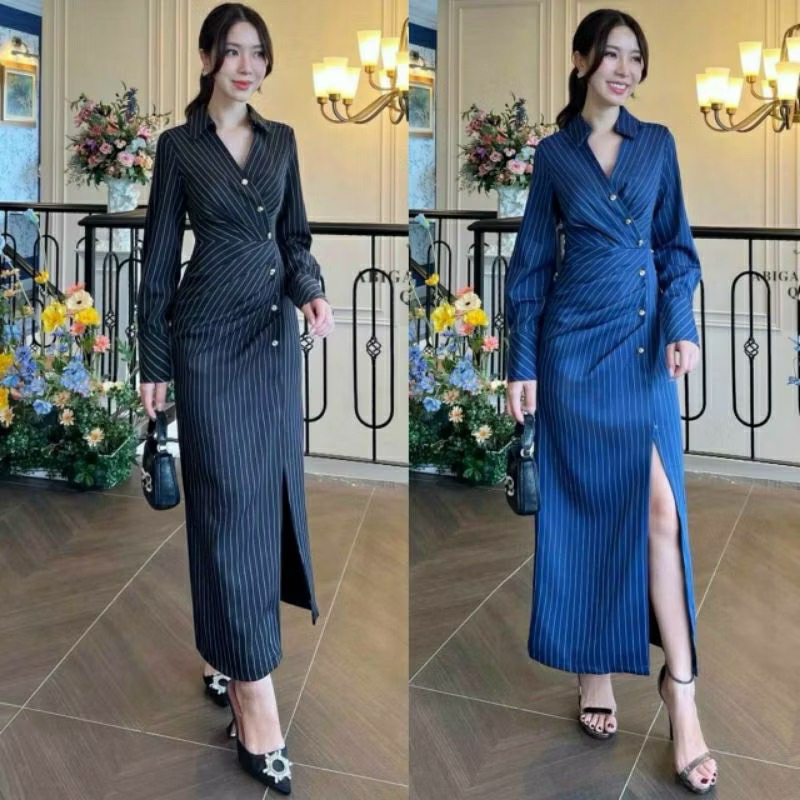 (S-XL) ABIGAIL📣พร้อมส่งเดรสสูททรงเก๋ด้านหน้าจับจีบเฉียงแบบผ่าหน้า เดรสเป็นผ้าลายริ้ว  เนื้อผ้าดีมีซับใน