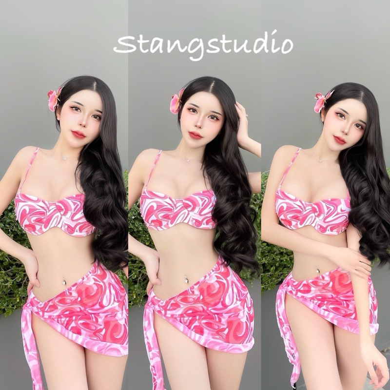 ชุดว่ายน้ำ บิกินี่โครงดันทรง 3 ชิ้น พร้อมผ้าคลุม ลายกราฟฟิค
