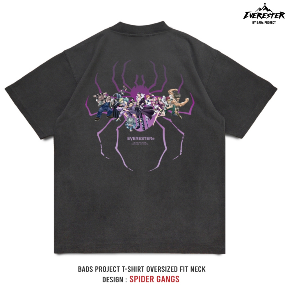 EVERESTER เสื้อยืด ฟอก เฟดเทาดำ เสื้อผู้ชาย Oversize Spider Team เสื้อวินเทจ FED Hunter x Hunter