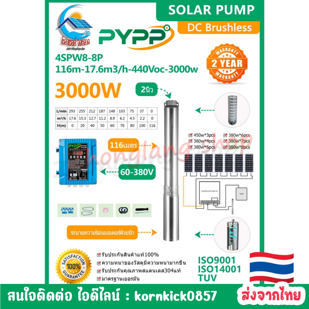 ปั๊มซับเมอร์สโซลาร์เซลล์ PYPP รุ่น DC 4SPW8-8P (116m-17.6m3 h-440Voc-3000w) บ่อ 4 นิ้ว ลงลึก 116 เมต