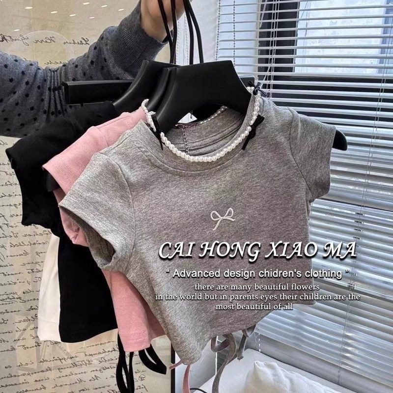 พร้อมส่ง 🇹🇭 เสื้อครอปเด็กผู้หญิง ผูกโบว์ด้านหลัง สไตล์เกาหลี เนื้อผ้าใส่สบาย