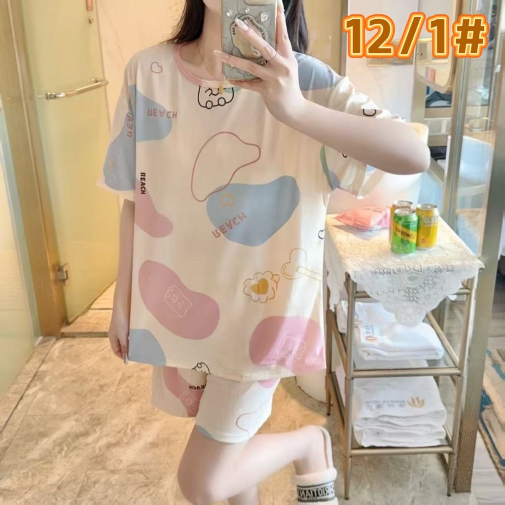 ชุดนอนคอกลม ชุดนอนผู้หญิง ชุดนอนเเขนสั้น+ขาสั้น ลายน่ารัก งานใส่สบาย#12