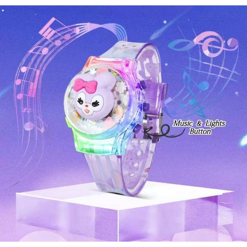 SANRIO นาฬิกา ซานริโอ คุโรมิ พร้อมกล่องของขวัญ สำหรับเด็กผู้หญิงหมุนเรืองแสงเพลงนาฬิกาที่มีสีสันกระ พริบเด็ก นำ นาฬิกาสำ