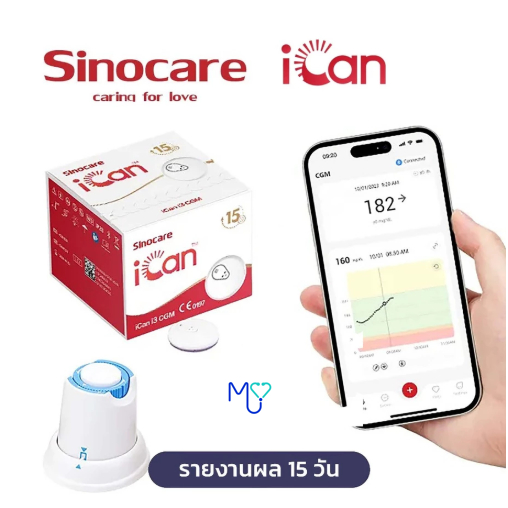 เครื่องวัดระดับน้ำตาลในเลือดแบบต่อเนื่อง Sinocare iCan i3CGM ตรวจได้ 15 วัน ไม่ต้องเจาะปลายนิ้ว รู้ผ
