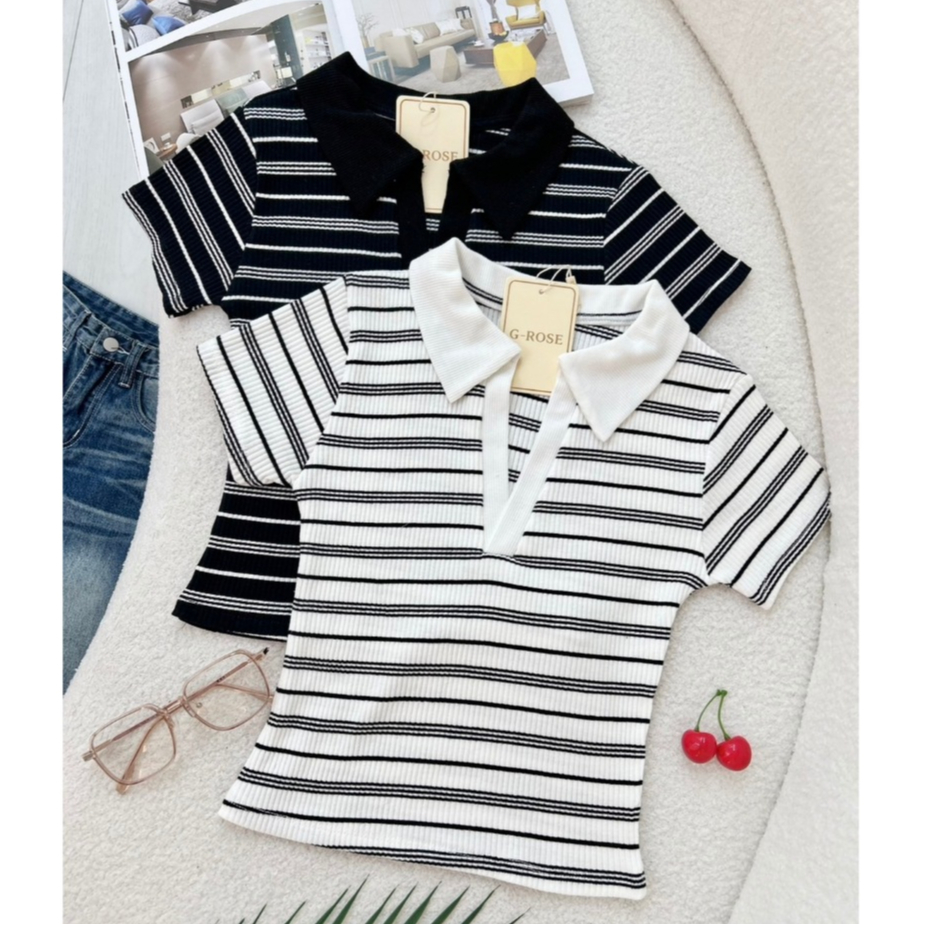 เสื้อครอปคอปกแขนสั้น เสื้อครอปโปโลแขนสั้น (คอเรียบ) ลายทาง คอวีแต่งสวยรัดรูป เท่ๆ  ป้าย G-rose (G016) ราคา ถูกที่สุด ดีลบีเคเค