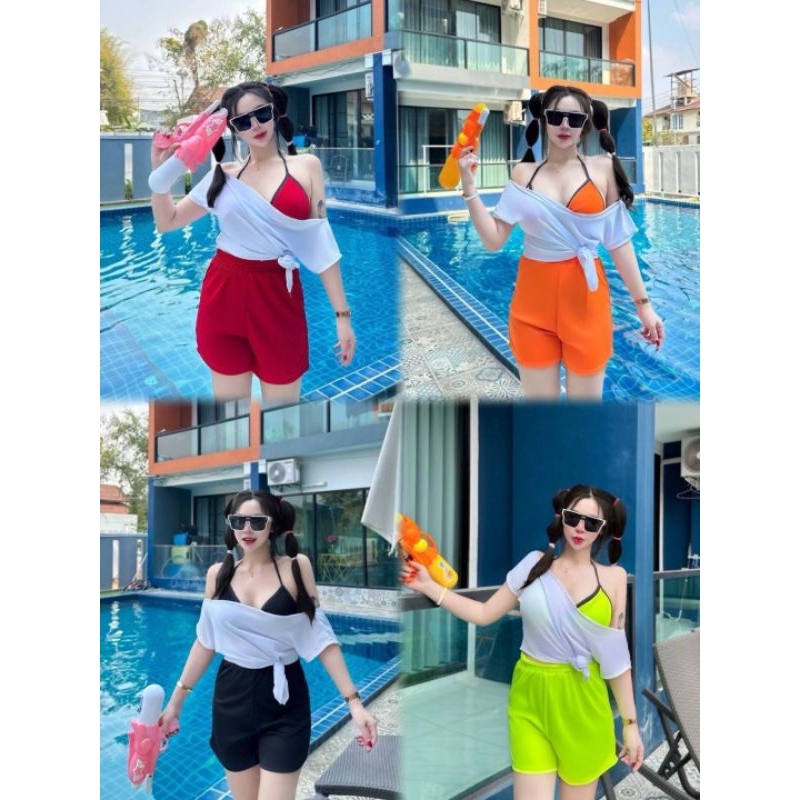 (sale)พร้อมส่ง ชุดเซ็ท3 ชิ้น เสื้อ+ กางเกง+ บรา สงกรานต์นี้ต้องมี