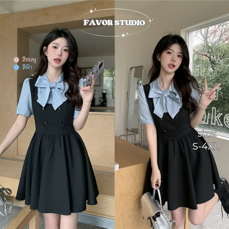 【EVIOVIO】✨ เดรสสไตล์เกาหลี แขนสั้น คอผูกโบว์ เพิ่มลุคหวาน ทรงเข้ารูปช่วยพรางหุ่น เดรสสาวอวบ พลัสไซซ์
