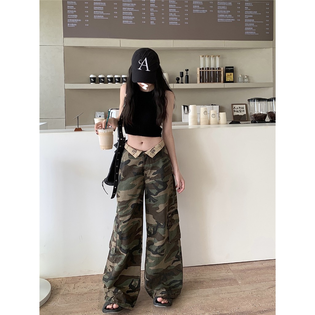 กางเกงขายาว กางเกงเอวสูง สไตล์วินเทจ ลายทหาร ขอบเอวพับซ้อนกัน#J1055 - รูปที่ 3