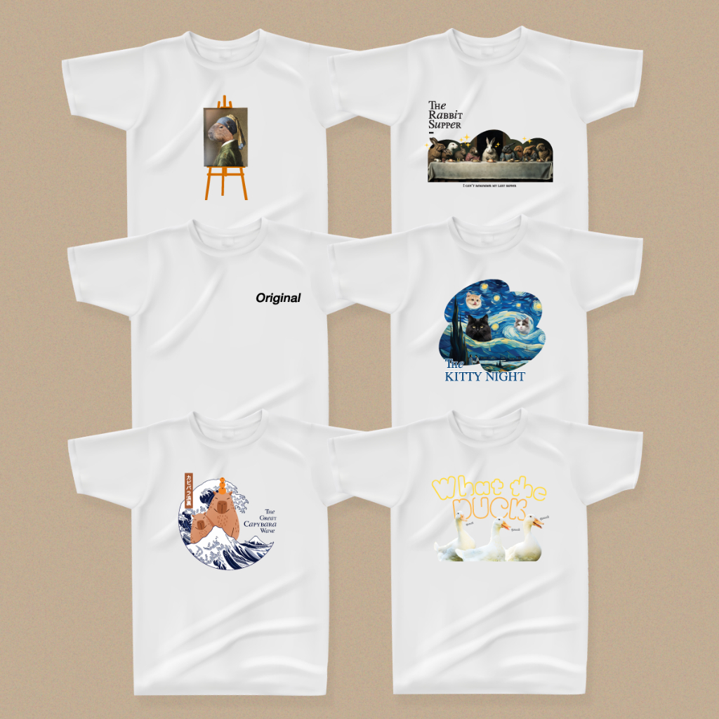 DUCK-NGUB เสื้อยืดคอตตอนสีขาวพิมพ์ลายกาแฟ ของกิน หัวใจ สัตว์น่ารักๆ