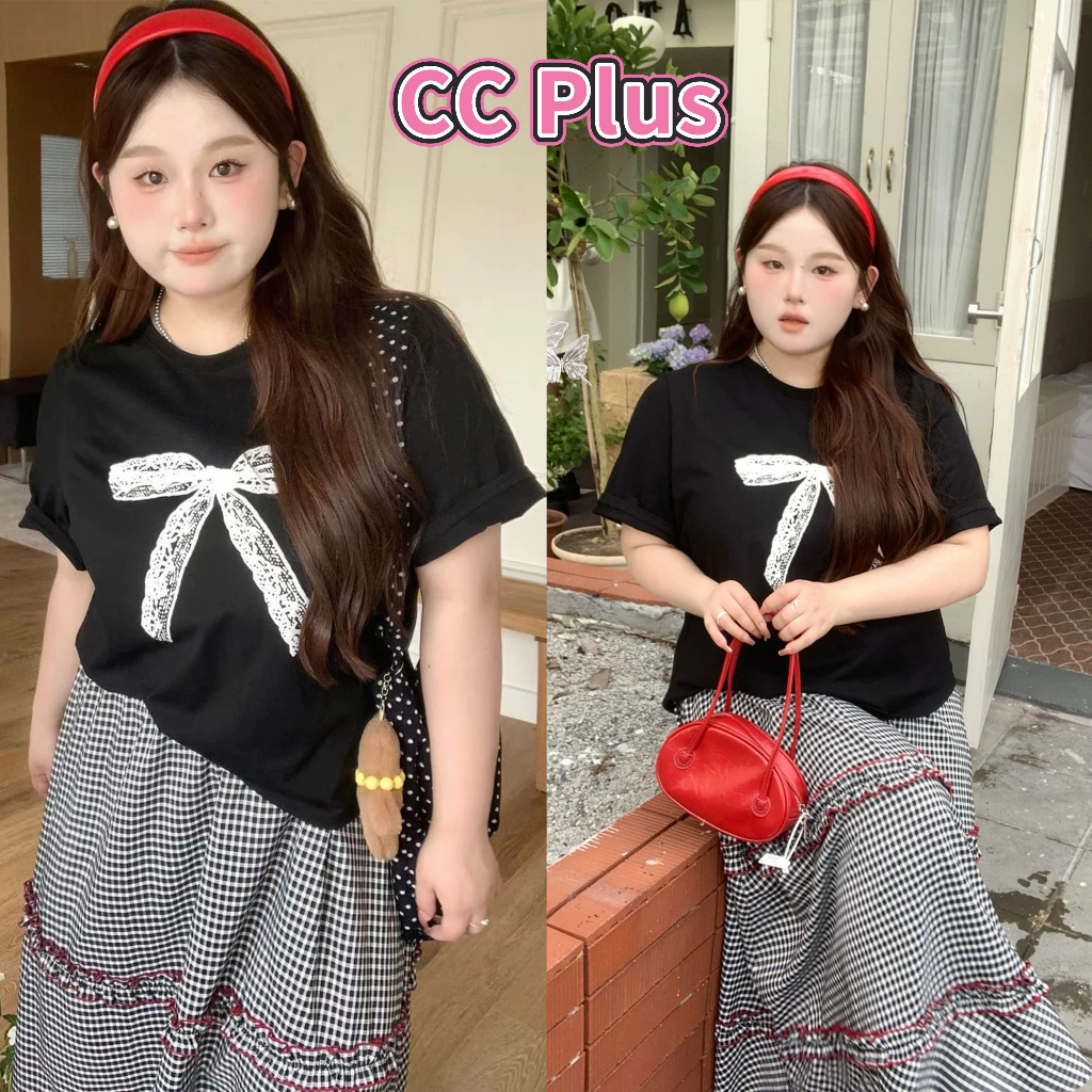 CiCi Plus+(1706) เสื้อยืดแขนสั้น สกรีนลายโบว์ลูกไม้ สีพื้นใส่สบาย แฟชั่นน่ารักๆ สำหรับสาวพลัสไซส์