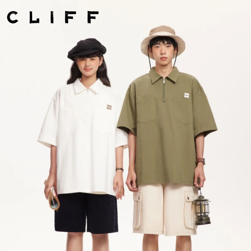 CLIFF เสื้อโปโลผู้ชาย ผ้าวาฟเฟิลด์ ชุดคู่รัก เรียบง่าย สีล้วน เสื้อคอปก
