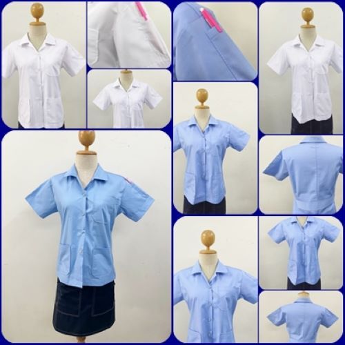 ช็อปหญิง สีฟ้า+สีขาว  เสื้อกาวน์ ซาฟารีคอปก ไม่มีโลโก้ ผ้าค้อตต้อน ไม่ร้อนจากโรงงานในไทย