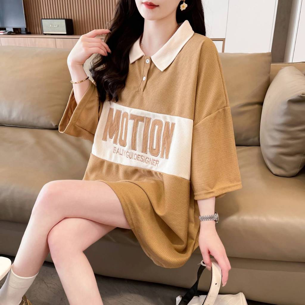 เสื้อแขนสั้นคอปก สาวพลัสไซส์ Oversize (อก 48-60 นิ้ว) งานปัก MOTION ผ้าวาฟเฟิล สินค้าพร้อมส่ง A25