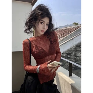 ส่งทันที Cici(NO. J1686) เสื้อยืดลูกไม้แขนยาวคอกลม ผ่าข้าง ทรงเฉียงสลิมฟิตเข้ารูป สไตล์เกาหลี