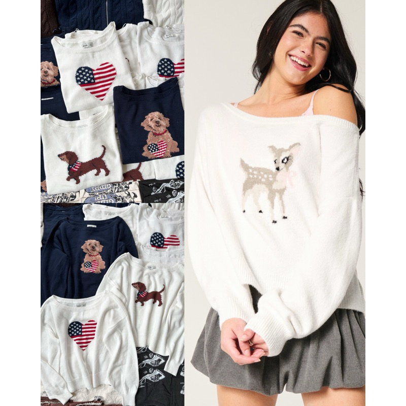 (ของแท้💯) *เติมสต๊อกสีแดงแล้ว* Hollister comfy cloud easy off-the-shoulder sweater สเวตเตอร์ปาดไหล่ 