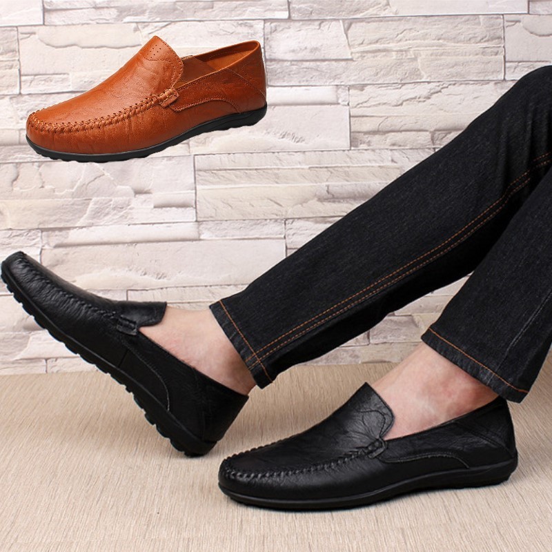 มีไซส์ 39-44 รองเท้าหนังสีดำสำหรับผู้ชาย สไตล์อังกฤษ แบบสวม รองเท้าไม่มีส้น เหมาะสำหรับชุดลำลองและธุรกิจ รองเท้าทางการ
