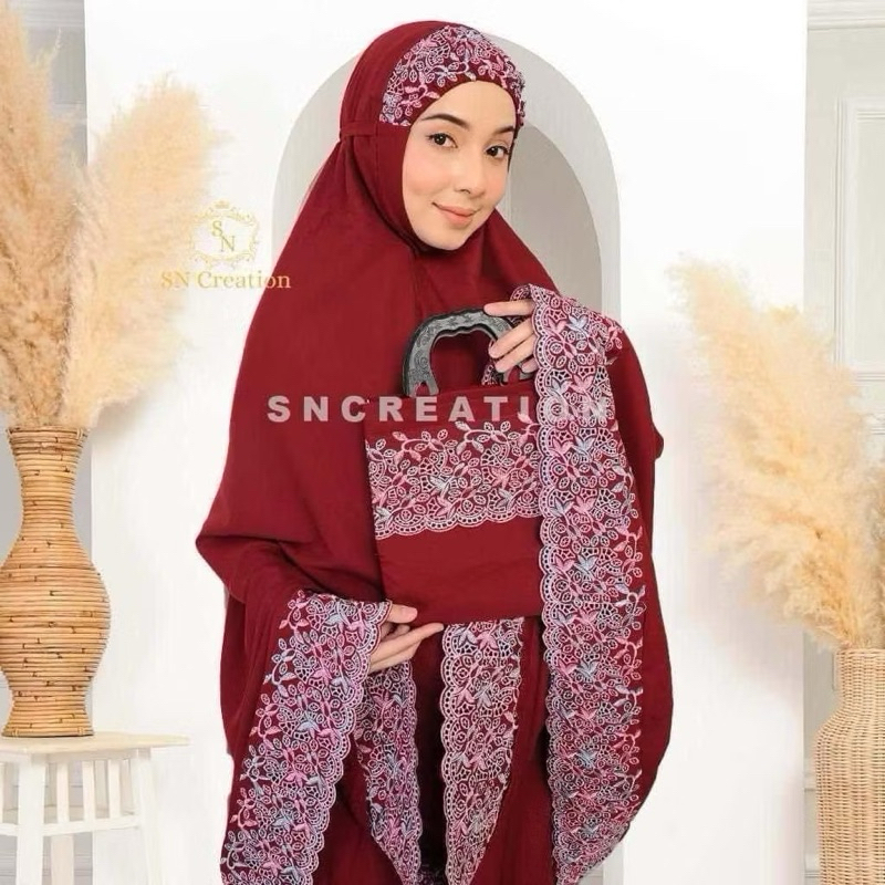 ผ้าละหมาดรุ่น sitikhadijah primiam ปักดอก เนื้อผ้า คอตตอนแท้ แถมฟรีกระเป๋า งานปักอินโดแท้