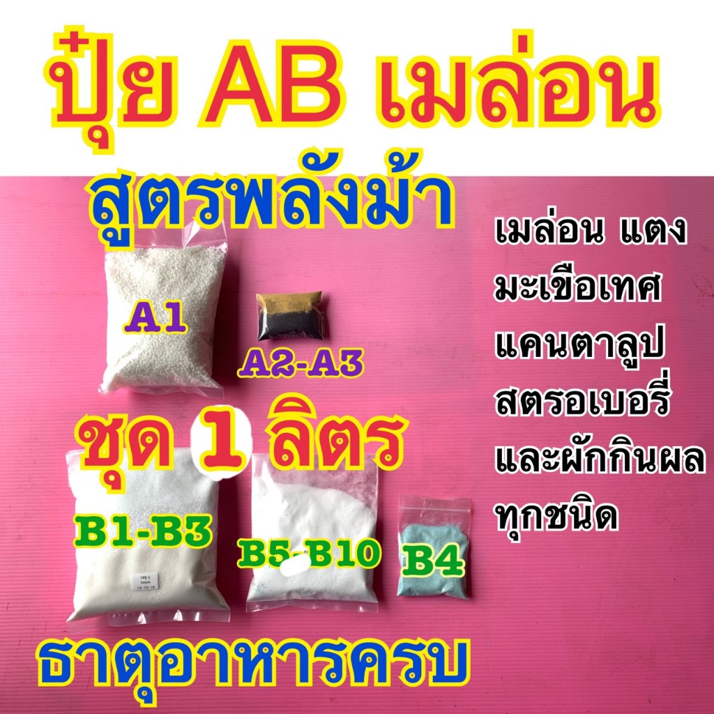 ปุ๋ย AB สูตรเมล่อน ปุ๋ยกันชา สูตรพลังม้า แคนตาลูป แตง มะเขือเทศ สตรอเบอรี่ และผักกินผลทุกชนิด ธาตุครบ ขนาด 1, 2, 3ลิตร