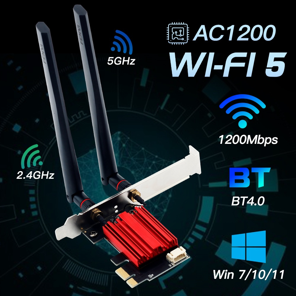 WiFi 5 PCI-E อะแดปเตอร์ไร้สาย AC1200 การ์ดเครือข่ายแบบ Dual Band 2.4G / 5GHz 802.11AC สำหรับ Bluetooth 4.0 เดสก์ท็อป Win