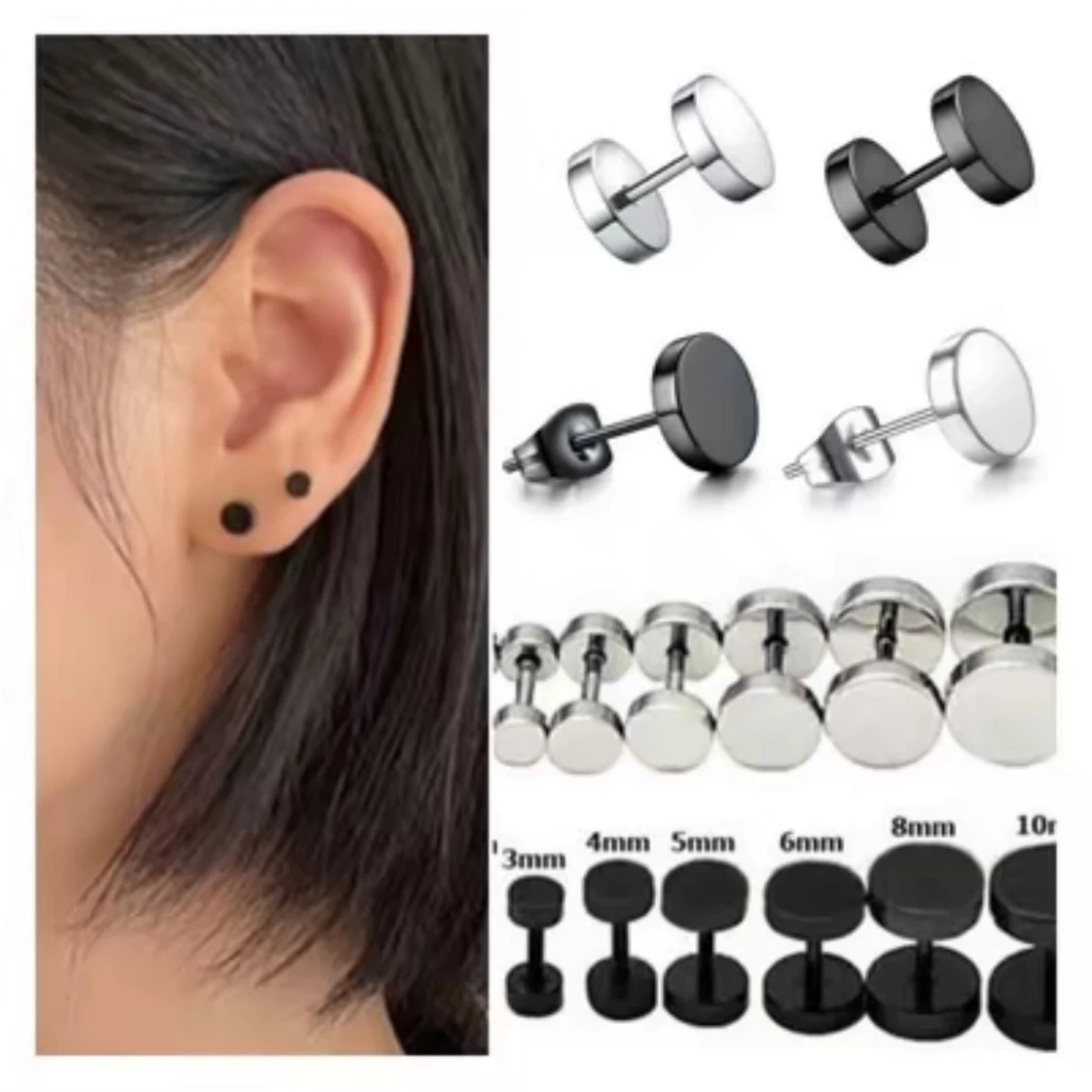 2pcs/316Lสแตนเลส-ต่างหู ตุ้มหู จิว ต่างหูผู้ชาย Black Gothic Barbell Earring Fashion Round Plain Men Stud Earring Jewe