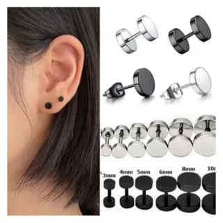 2pcs/316Lสแตนเลส-ต่างหู ตุ้มหู จิว ต่างหูผู้ชาย Black Gothic Barbell Earring Fashion Round Plain Men Stud Earring Jewe