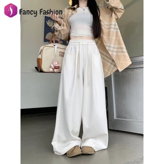 Fancy กางเกงวอร์มผู้หญิง กางเกงขายาว ใส่แล้วดูผอม รุ่นสูง ขากว้างทรงตรง สีพื้น ดีไซน์เชือกรูด