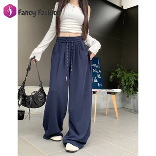 Fancy กางเกงวอร์มผู้หญิง กางเกงขายาว ใส่แล้วดูผอม รุ่นสูง ขากว้างทรงตรง สีพื้น ดีไซน์เชือกรูด