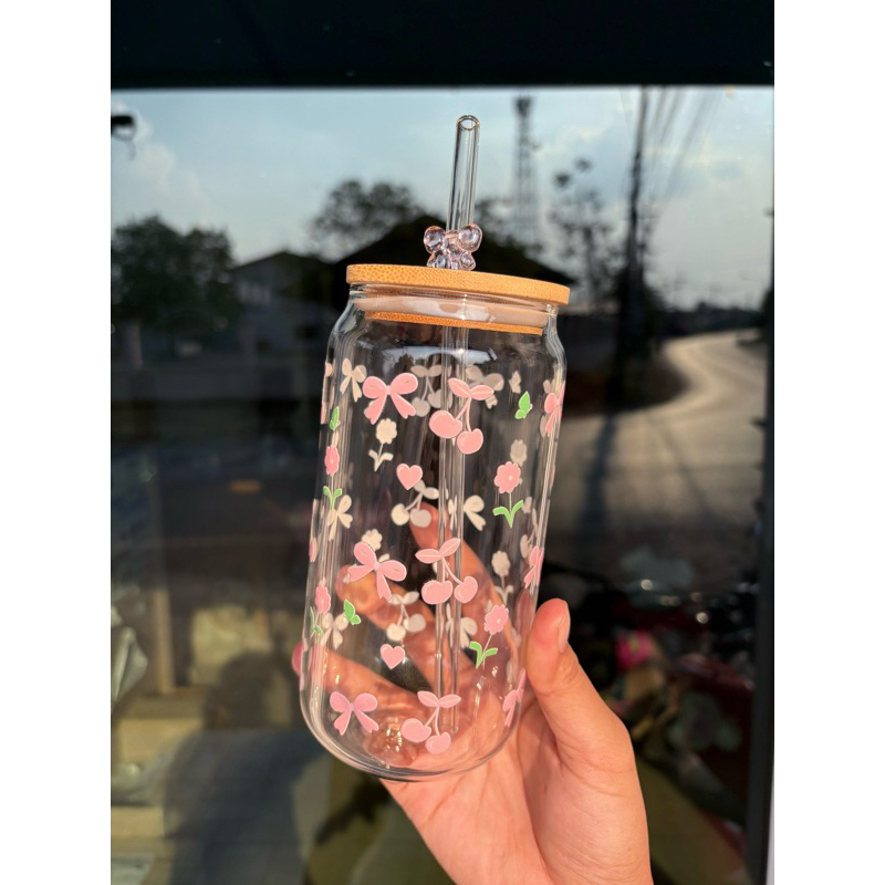 แก้วใสลายโบว์  มีฝา พร้อมหลอด แก้วกาแฟ แก้วมัทฉะ แก้วน้ำ