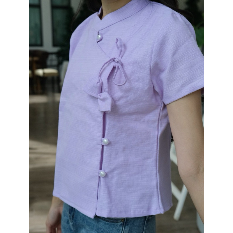 เสื้อผ้าฝ้ายแต่งกระดุมดอกทิวลิป เนื้อผ้าฝ้ายชินมัยมีรายในตัวสวยเปะ