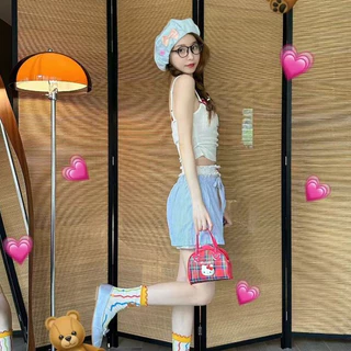 🌸พร้อ​มส่ง🌸กางเกงขาสั้นผู้หญิง ลายทาง เเต่งกระดุม เอวยางยืด ผ้ายืดหยุ่น ใหม่ กางเกงขาสั้นลายทาง