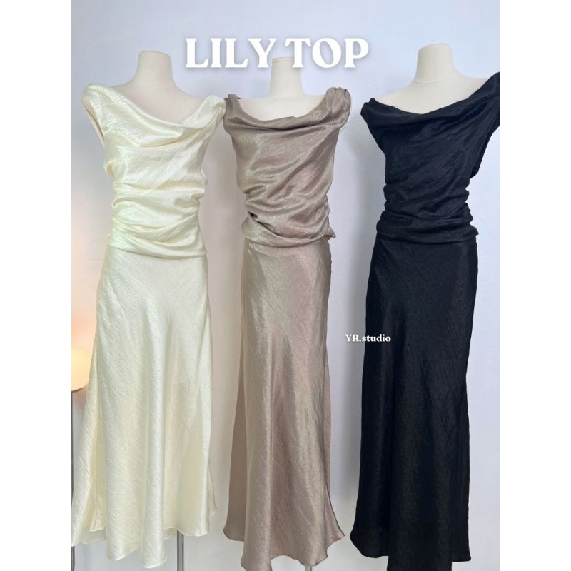 ILY TOP เสื้อปาดไหล่ ผ้า slushy satin พรีเมียม ผ้าซาตินอัดลาย งานผ้าสวย เเต่งซิปข้างเเละซับในตัว ผู้หญิง Women Clothing