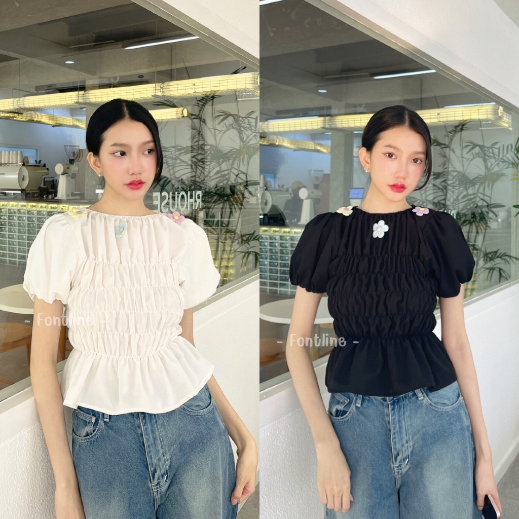 FONTLINE เสื้อสม็อครอบตัว แขนบอลลูน แต่งปักดอกไม้ ดีเทลน่ารัก มี2ไซส์ อก32-44นิ้วใส่ได้ ผ้าครัช เนื้