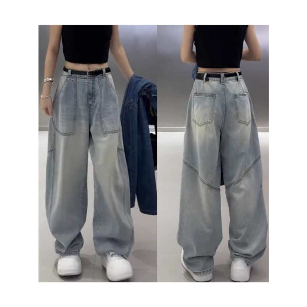 กางเกงยีนส์ขากระบอกสีฟอกสวยมาก เอวสูงทรงหลวม Clothing Jean