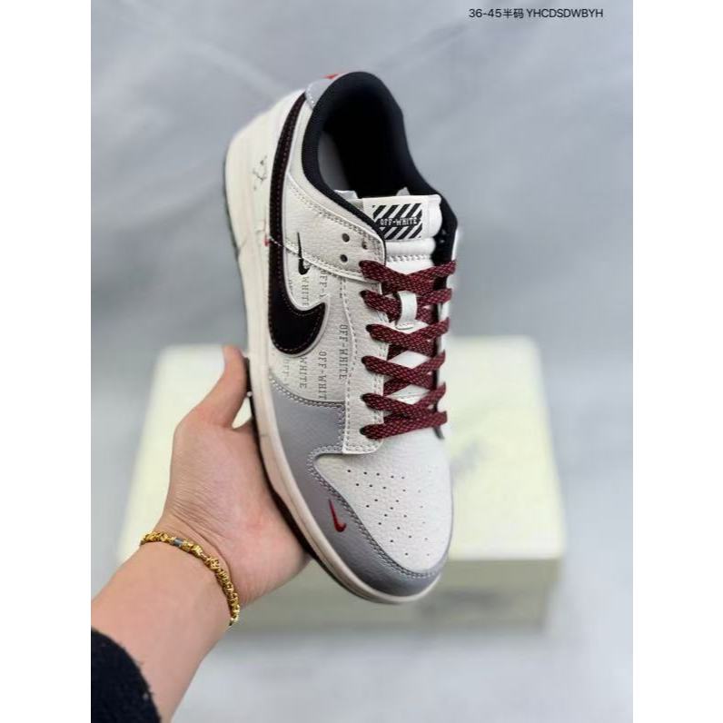 Off White x Nike Dunk SB Low  ชื่อร่วม สีเทาขาวดำ รองเท้าผ้าใบลำลอง