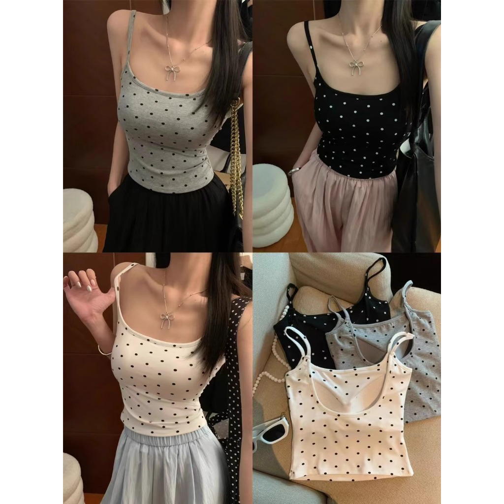 E72 เสื้อสายเดี่ยวลายจุด มีฟองน้ำ
