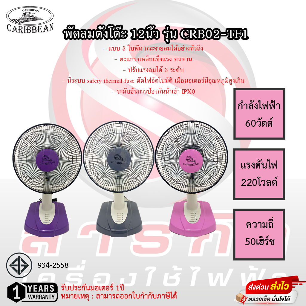 พัดลมตั้งโต๊ะ Caribbean 12นิ้ว รุ่น CRB12-TF1 รับประกันมอเตอร์ 1ปี(สินค้าจะเป็นใบพัดสีใส)