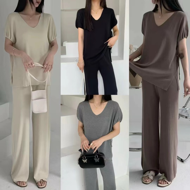 🌈🌿🌼🌺🌸🧡🩶🤎🇰🇷 Knit V Doll Sleeve Top&Long Pant Set