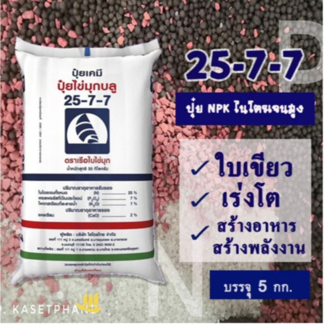 25-7-7 เรือใบ ไข่มุก แบ่งบรรจุ 5 Kg. ปุ๋ยNPK ไนโตรเจนสูง ใบเขียว เร่งแตกใบอ่อน ต้นโตไว แข็งแรงสมบูรณ์ +แคลเซียม 2%