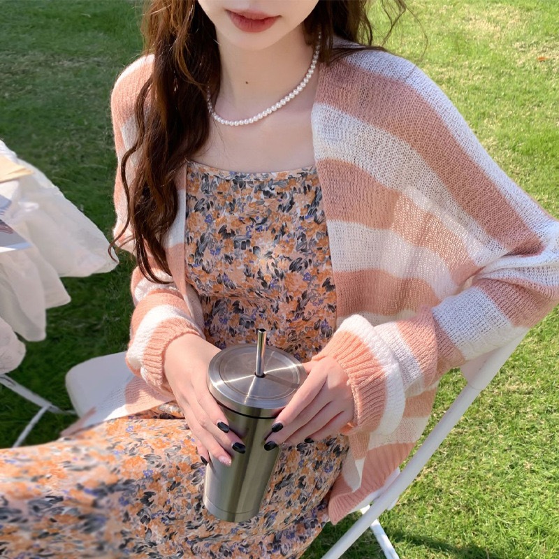 เสื้อคลุมไหมพรมแขนยาว เสื้อคลุมคาร์ดิแกน ลายทาง กันแดด เบาบาง สวมใส่สบาย