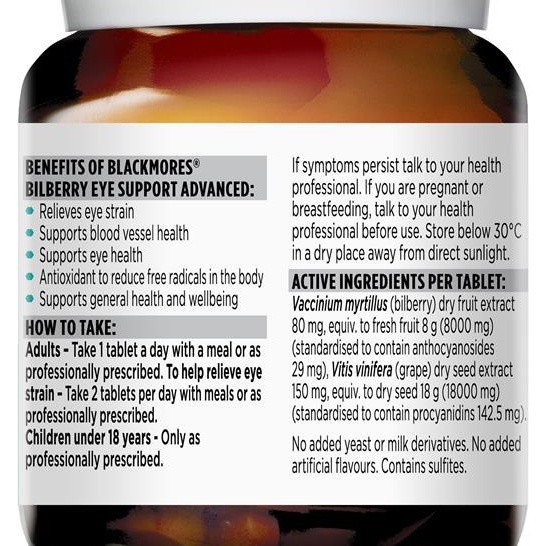 Blackmores Bilberry Eye Support Advanced /แบล็คมอร์บำรุงสายตา บิลเบอร์รี่ ลดสายตาเมื่อยล่าพร่ามัว (30 Tablet) - รูปที่ 4