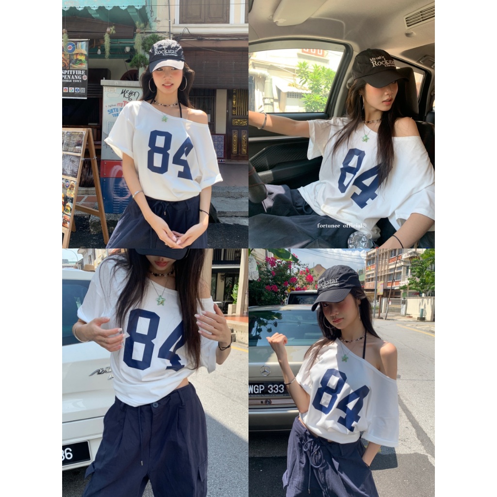 เสื้อยืดเเขนสั้น เสื้อปาดไหล่ เบอร์84 คอกว้าง ใส่เเบบปาดไหล่#2290