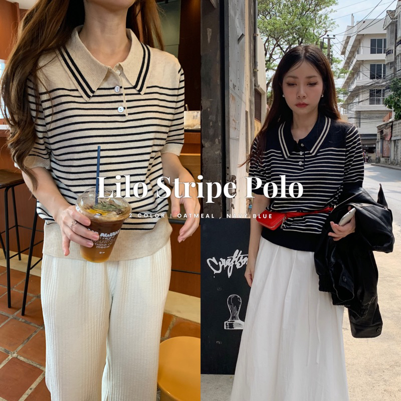 SOMEDRESS | Lilo Stripe Polo เสื้อไหมพรมคอโปโลแขนสั้นลายทาง