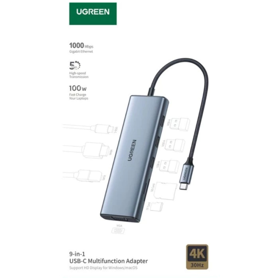UGREEN HUB 9 in 1 รุ่น 15600 Adapter Type C รองรับ 4K30Hz / USB3.0x3 Port / PD100W / RJ45 / VGA, SD/TF