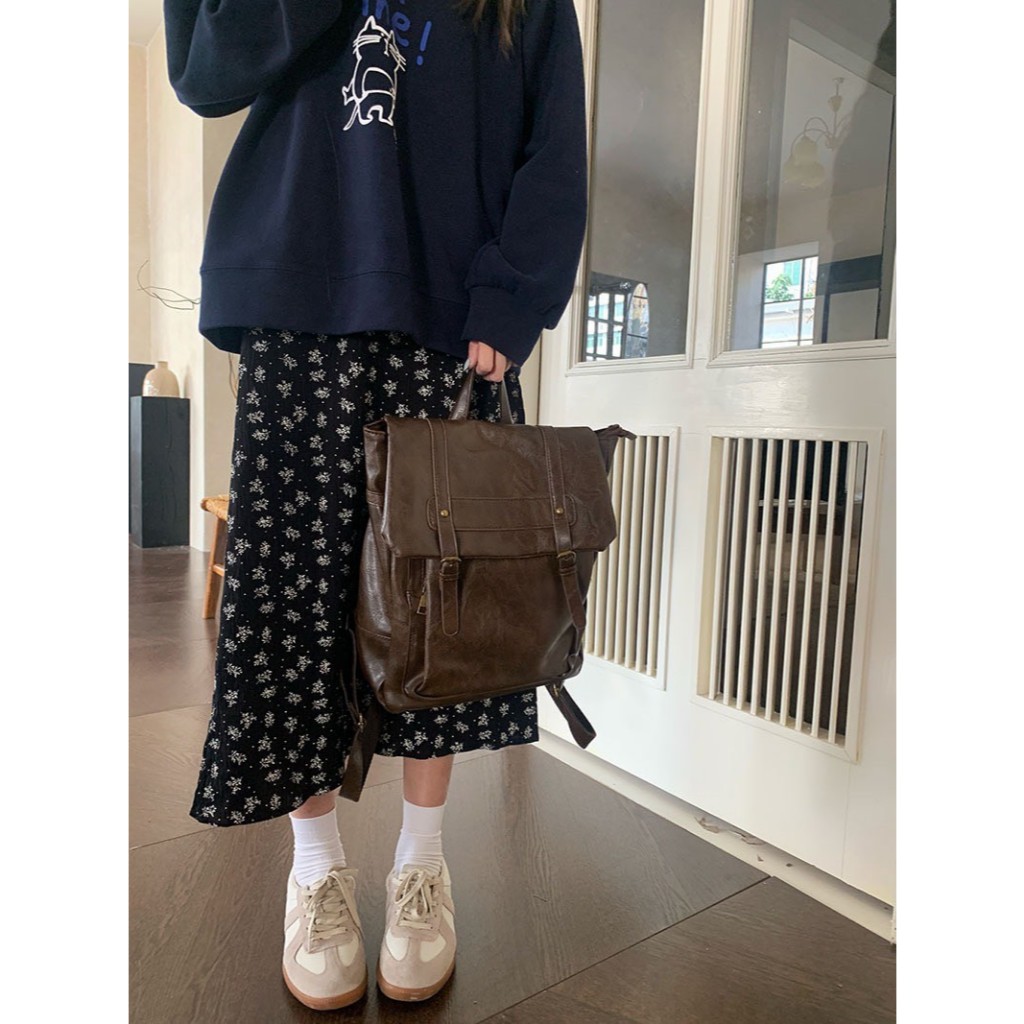 VK กระเป๋าเป้สะพายหลังสไตล์เกาหลี รุ่น Vi082 หนัง PU นิ่ม สีน้ำตาล จุของได้เยอะ ใส่แท็บเล็ตได้ - รูปที่ 6